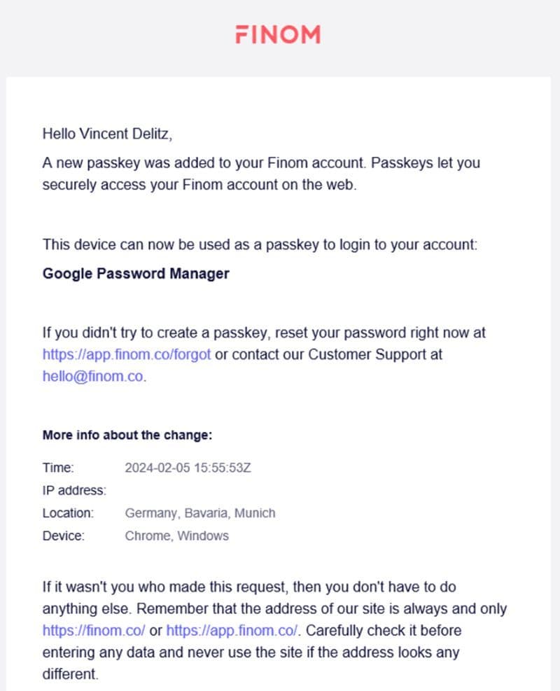 Finom Passkey Created Notification